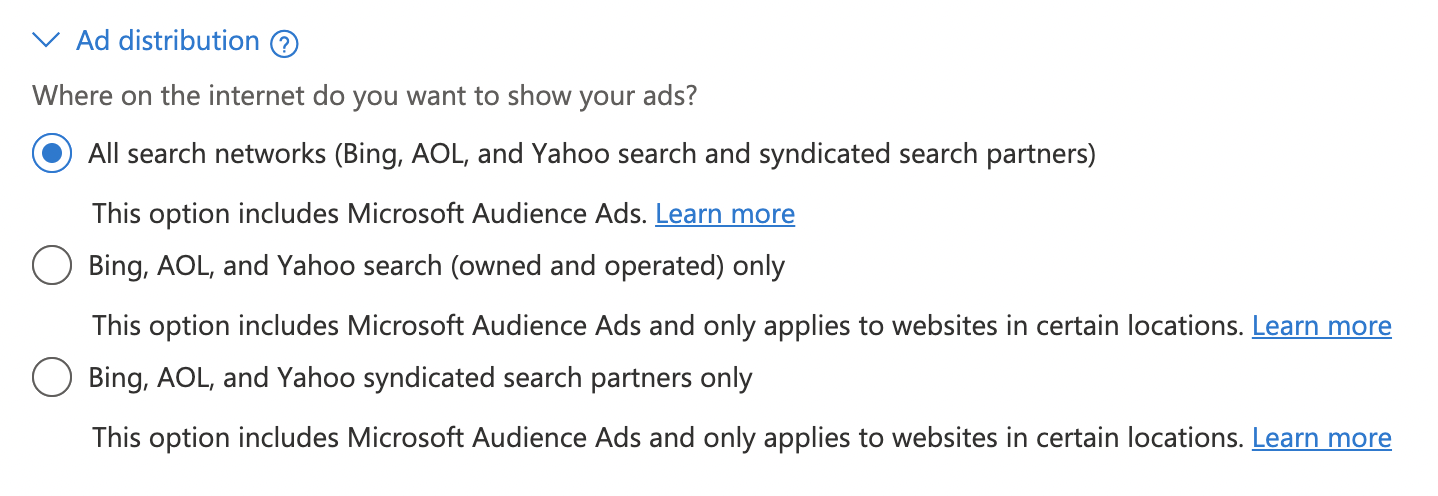Screenshot showing Microsoft Advertising settings